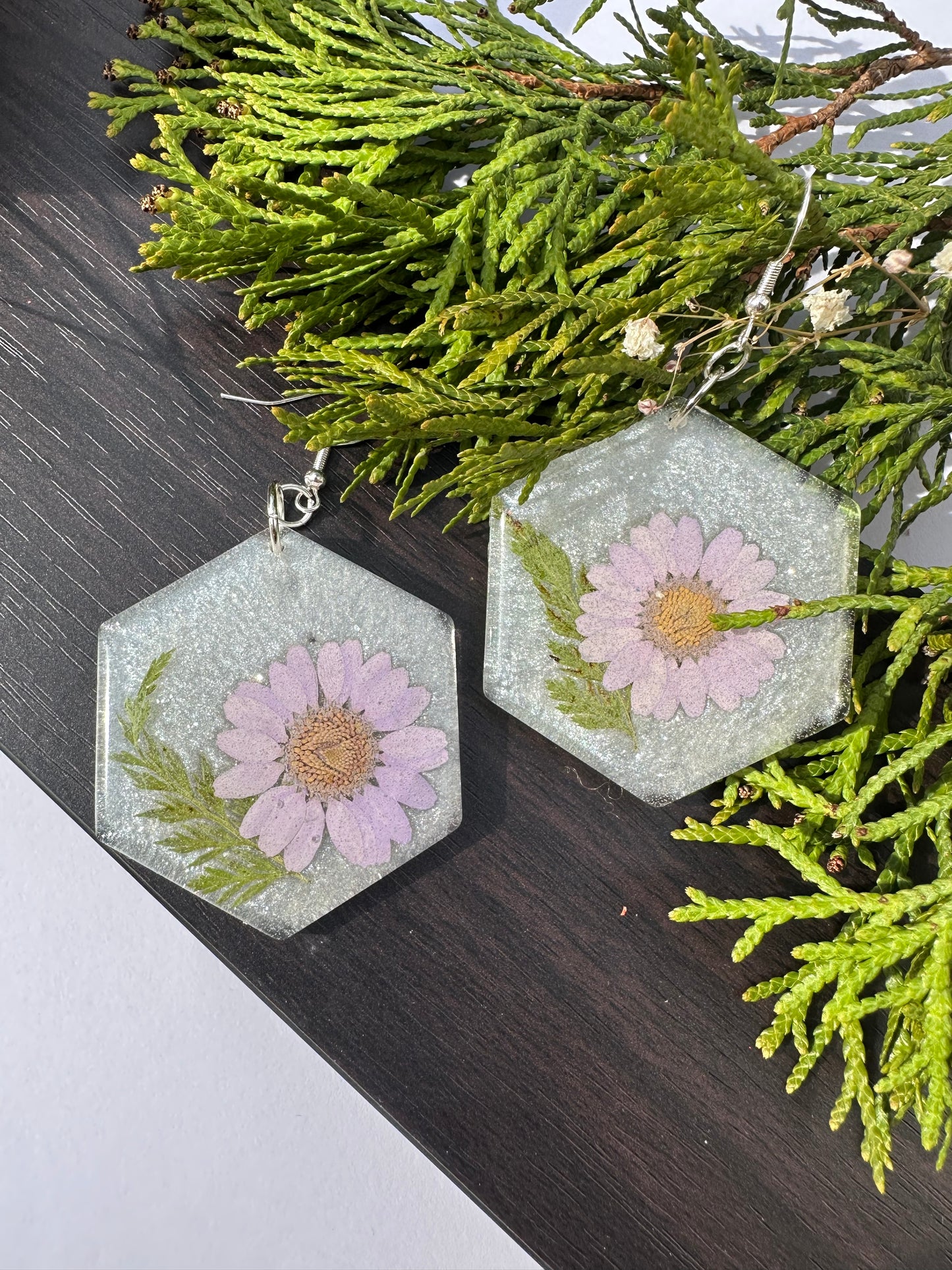 Purple Daisy with Leaves Earrings