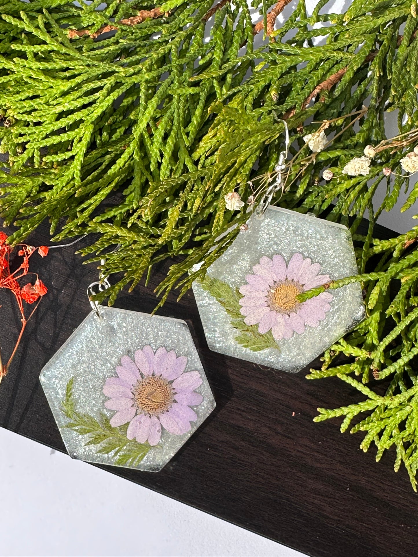 Purple Daisy with Leaves Earrings