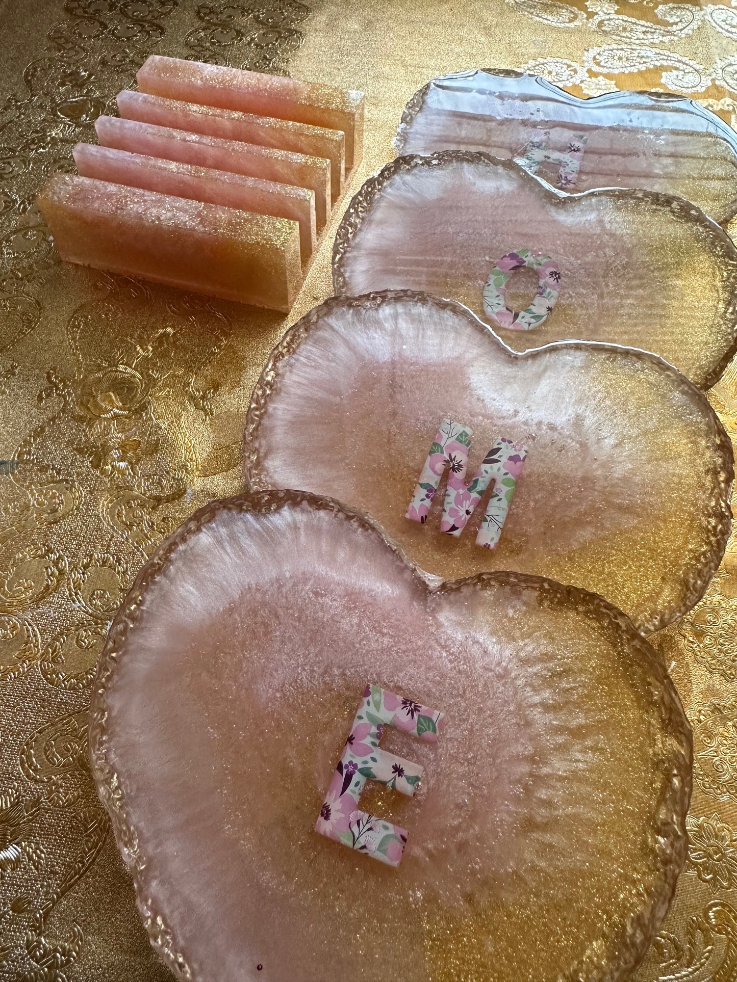 Golden Pink Heart Coaster Set