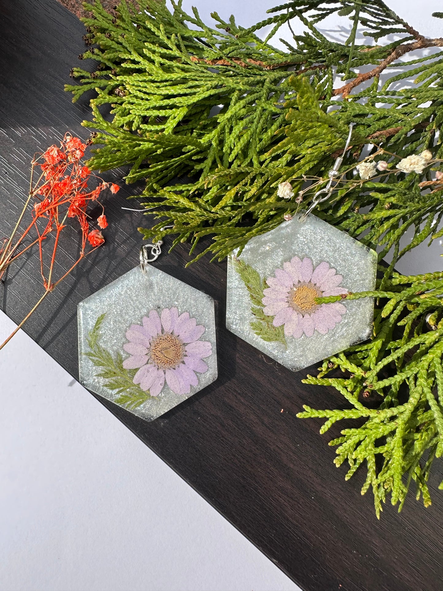 Purple Daisy with Leaves Earrings
