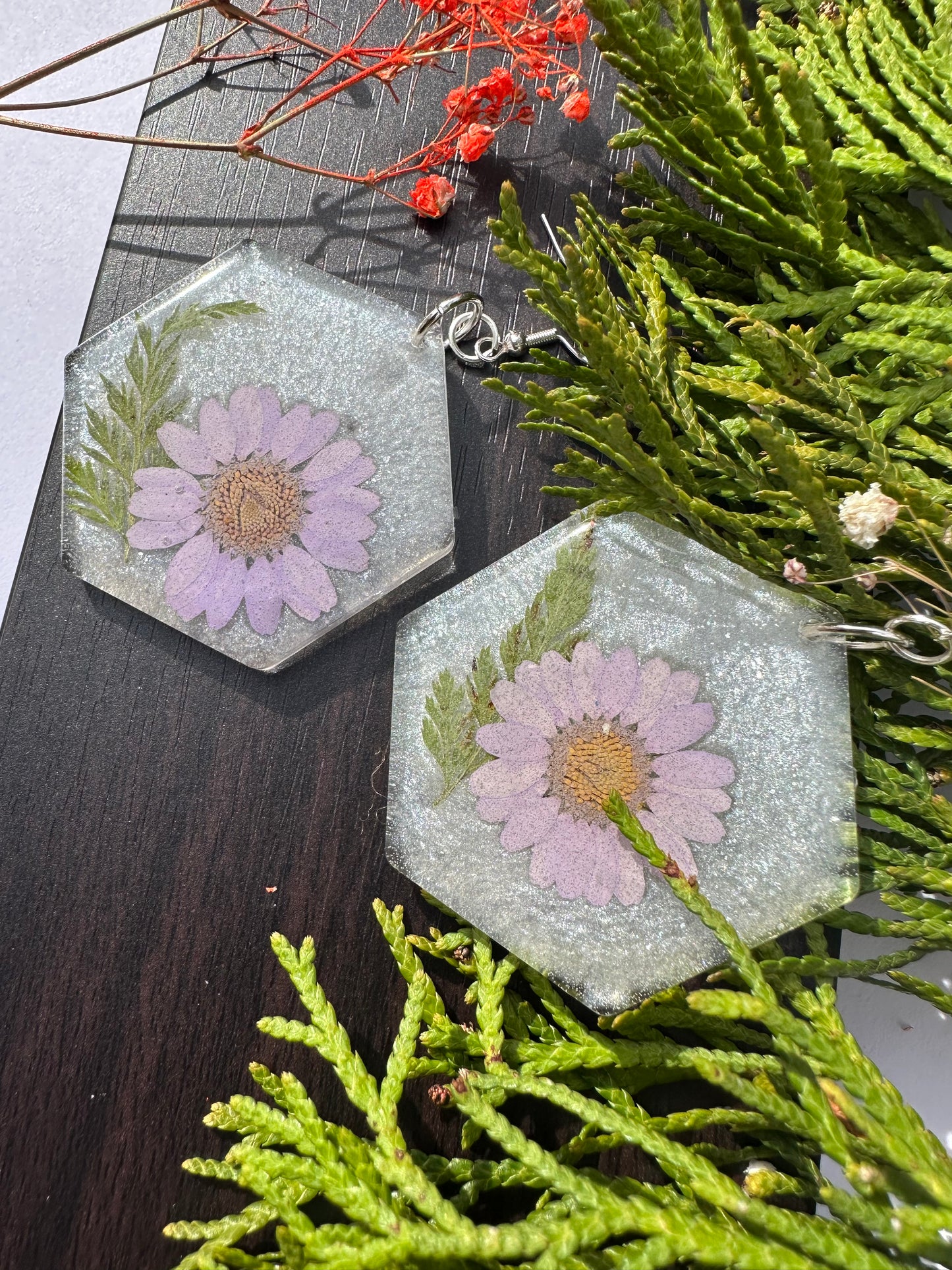Purple Daisy with Leaves Earrings