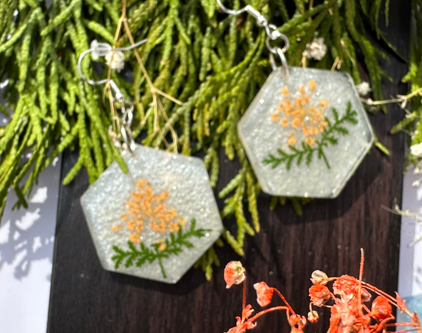 Orange Fennel with Leaves Earrings