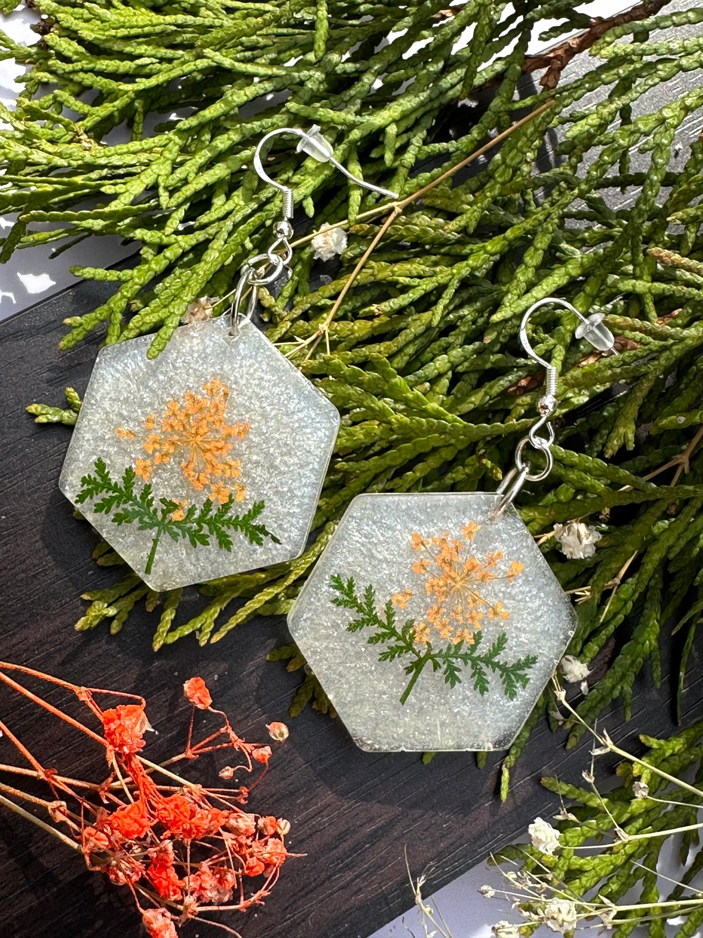 Orange Fennel with Leaves Earrings