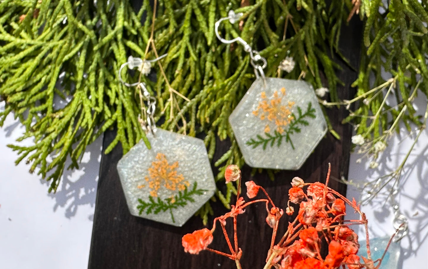 Orange Fennel with Leaves Earrings