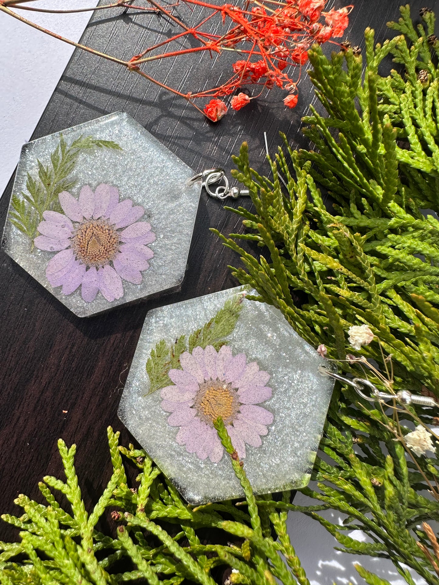 Purple Daisy with Leaves Earrings