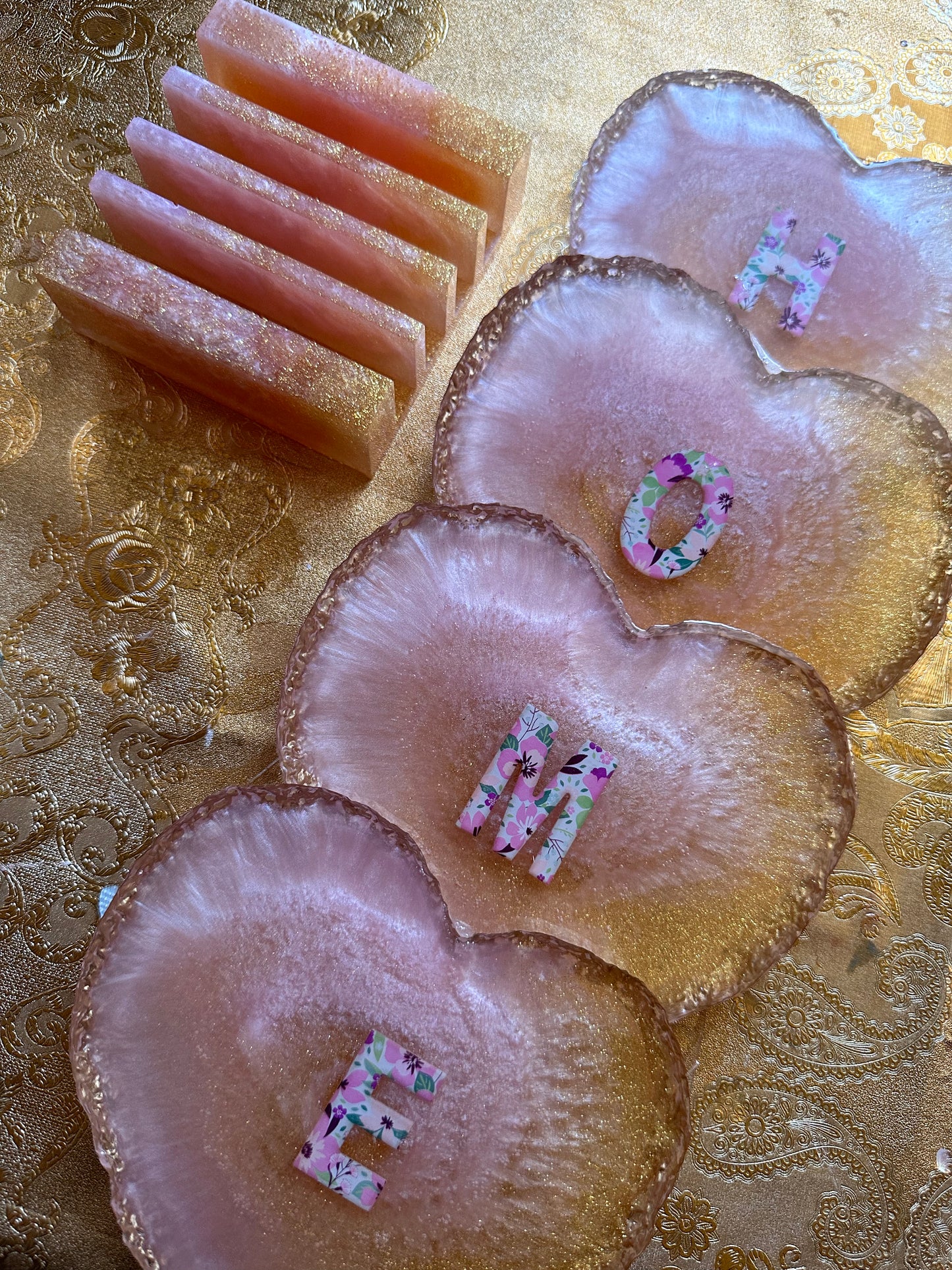 Golden Pink Heart Coaster Set