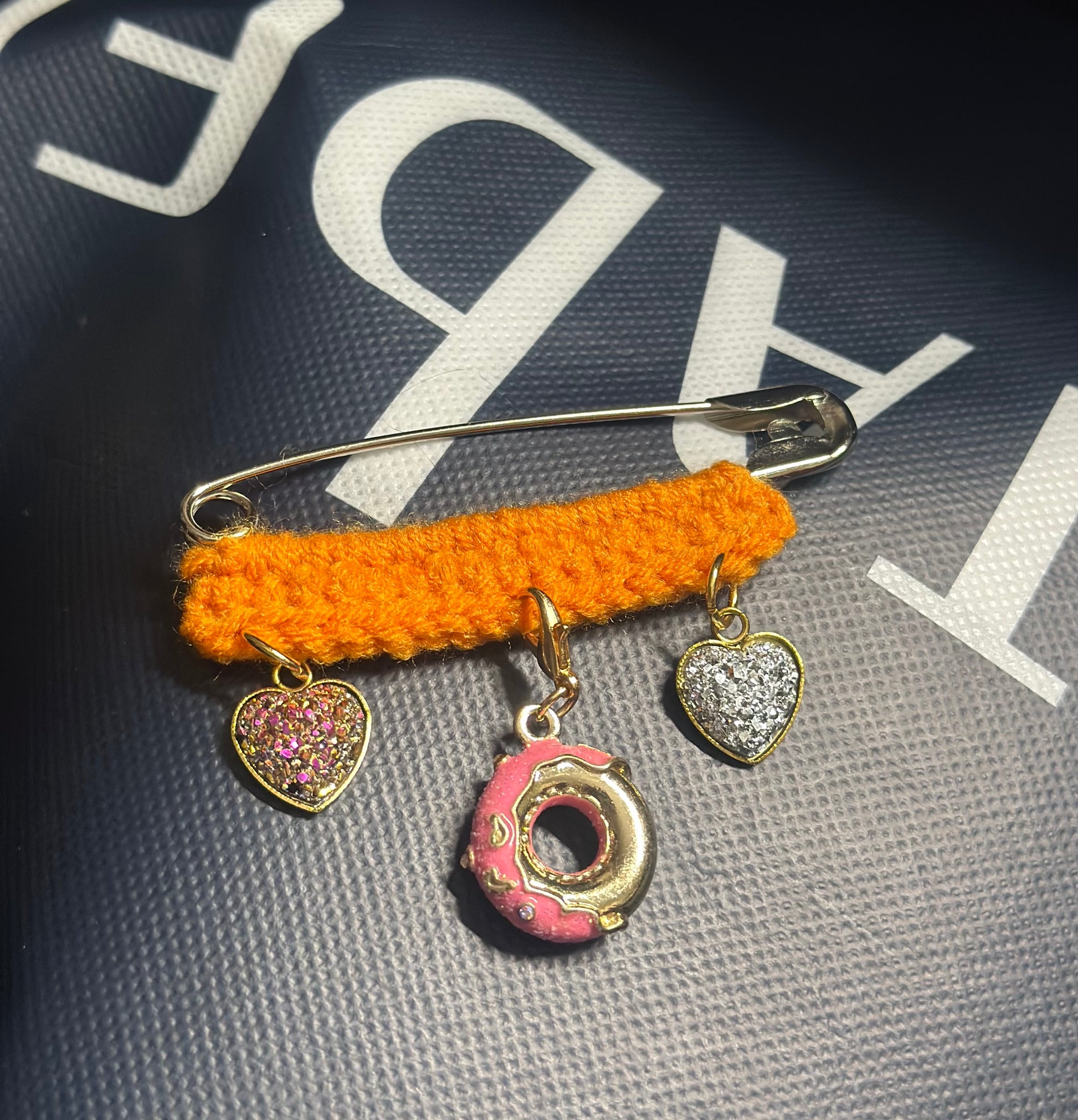 Orange Crochet Safety Pin Brooch with Strawberry Donut Charm