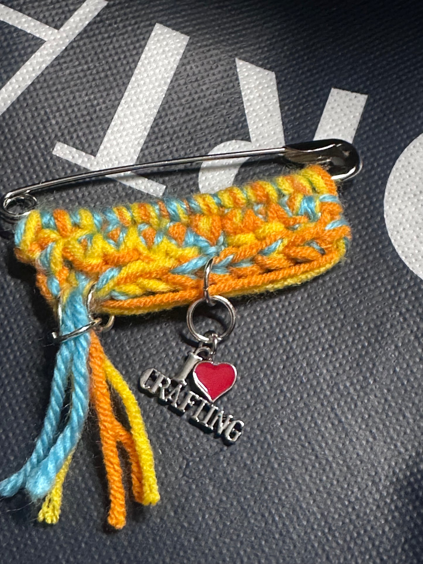 Colorful Safety Pin Brooch with I LOVE CRAFTING Charm