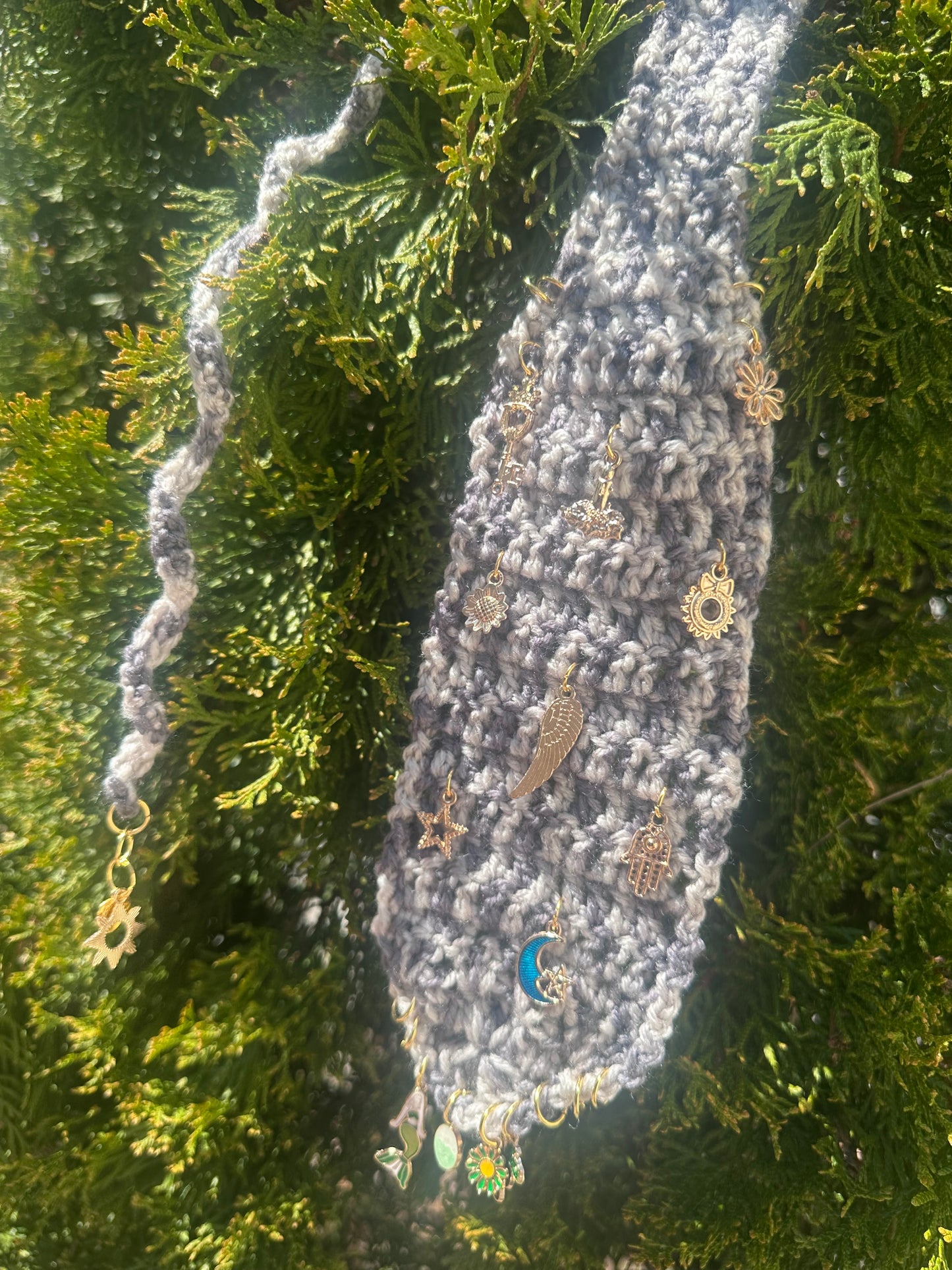 Crochet Neck Tie with Golden & Green Charms