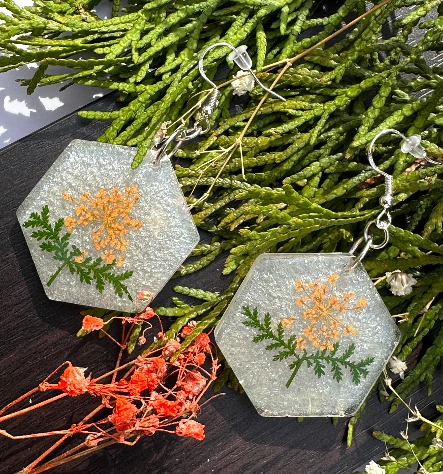 Orange Fennel with Leaves Earrings