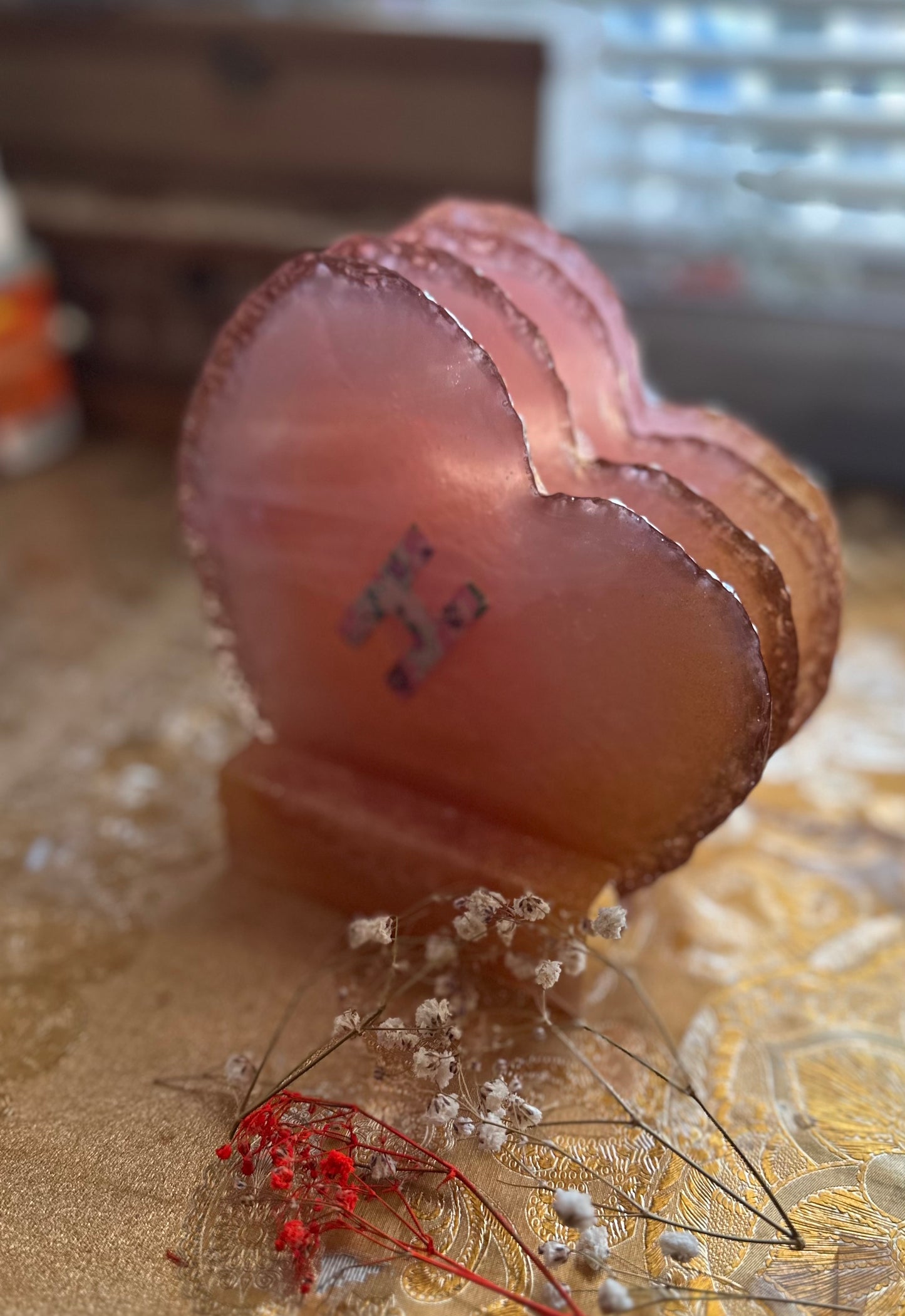 Golden Pink Heart Coaster Set