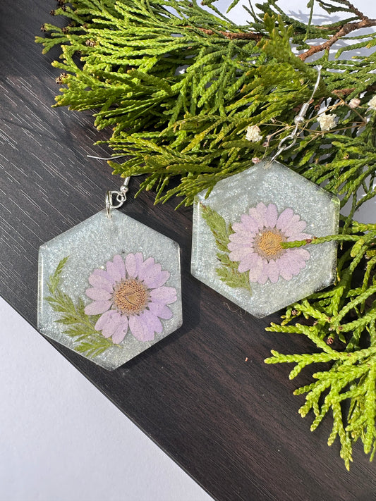 Purple Daisy with Leaves Earrings
