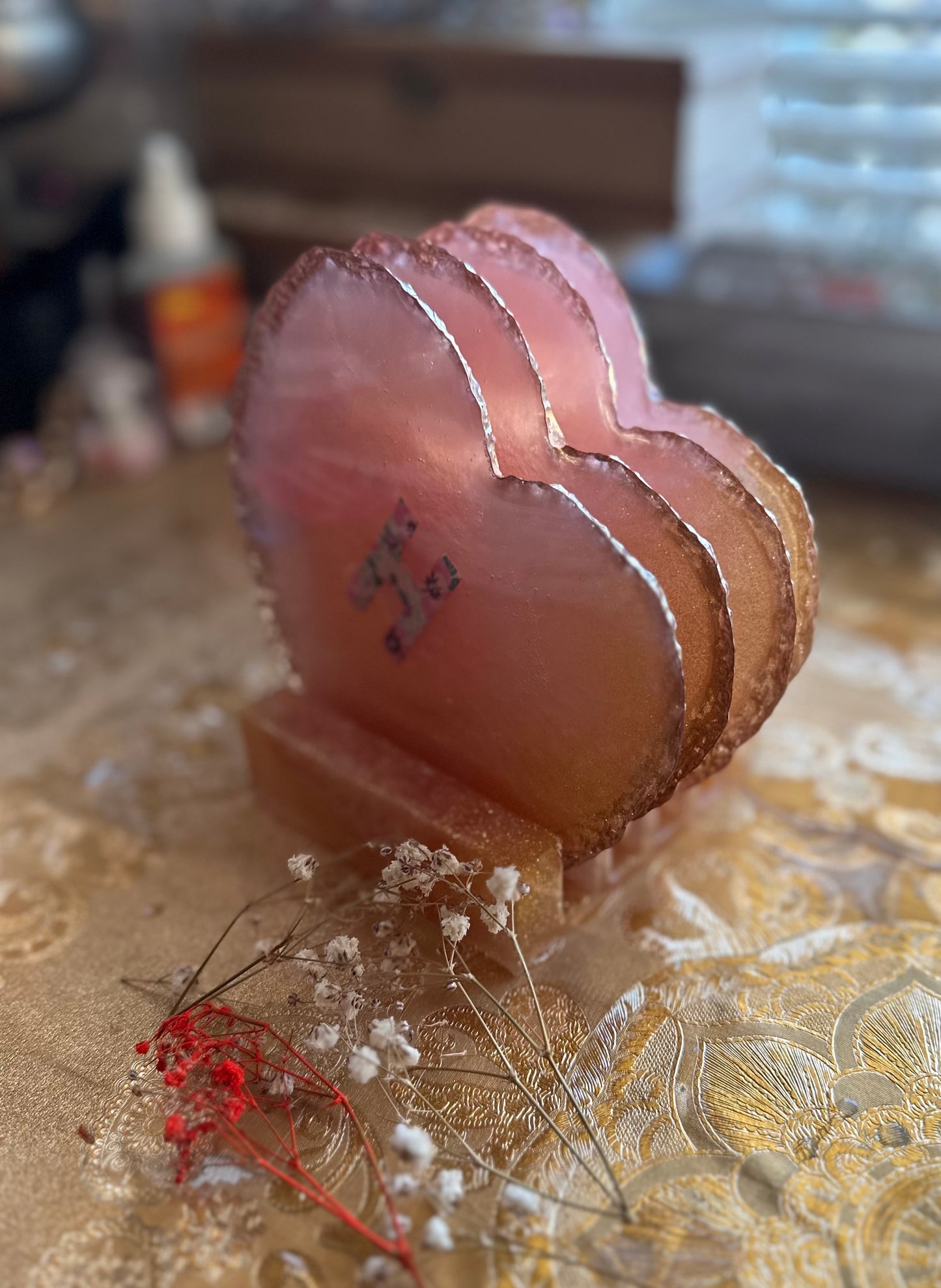 Golden Pink Heart Coaster Set