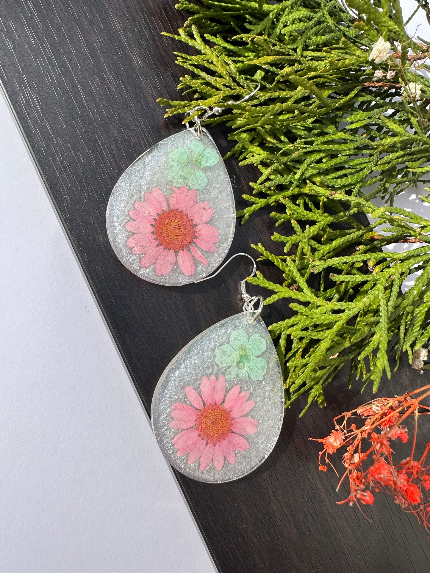 Pink Daisy with Blues Earrings