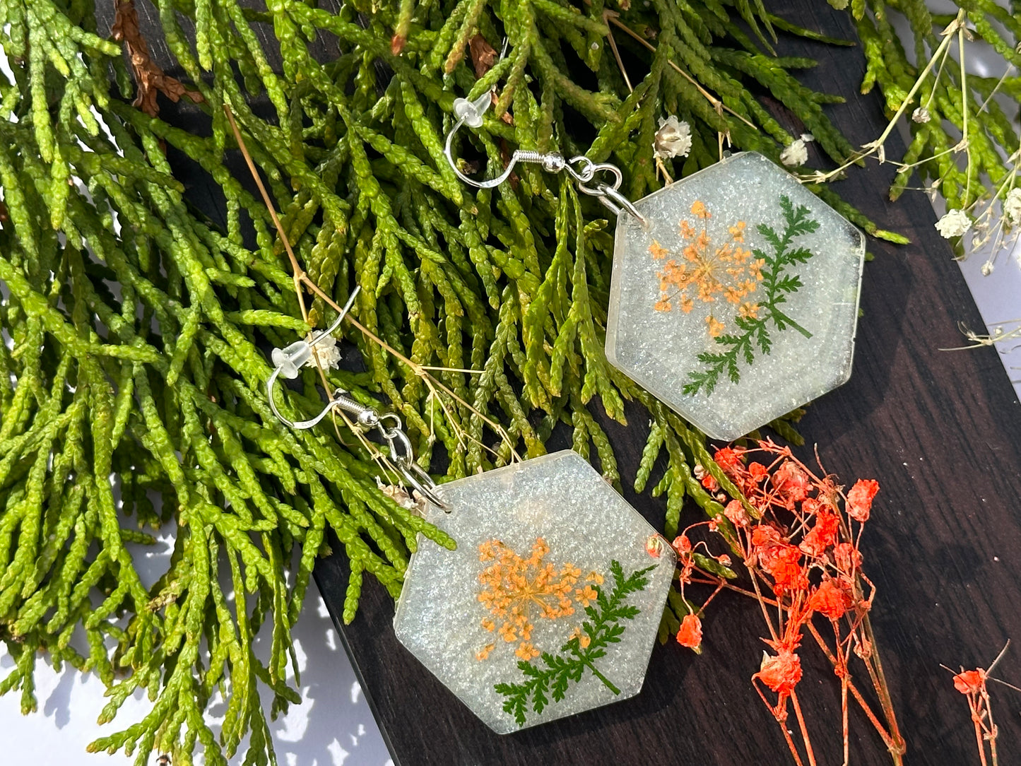 Orange Fennel with Leaves Earrings